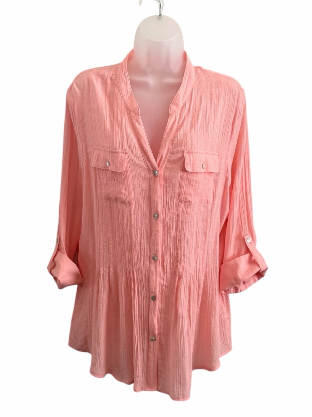 Ruby Rd. Coral Pink Crinkle Gauze  Button Down Top